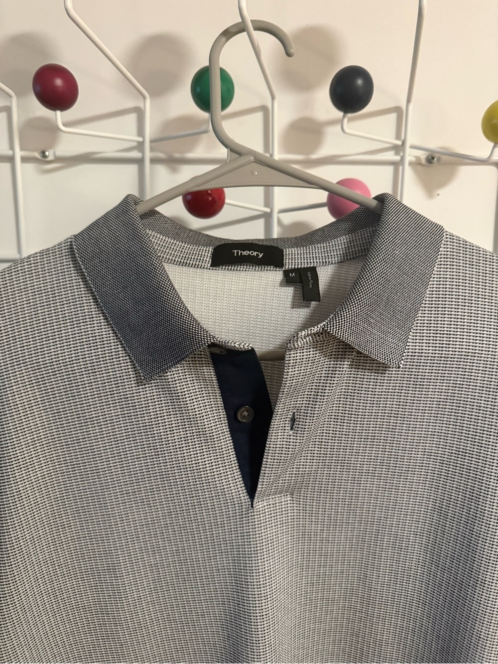 Theory Men’s Grey/White Micro-Check Polo with navy accent